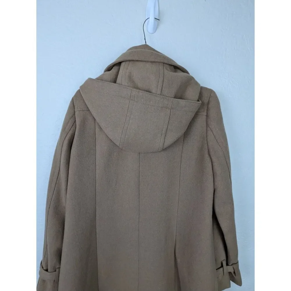 Y2K J Crew Wool OverCoat Womens Sz 4 Tan Camel Lined Winter‎ Jacket Hood Collar